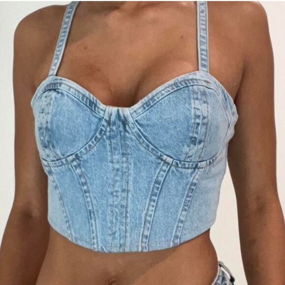 Zara Denim Bustier Crop Top - Picture 1 of 4